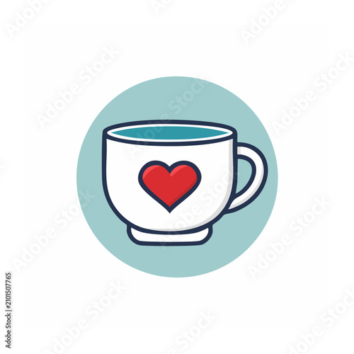 White cup with red heart icon, flat vector illustration