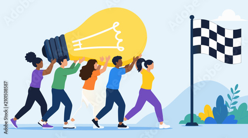 Faceless diverse team carrying a giant glowing lightbulb toward a checkered finish flag, flat vector concept of teamwork, innovation, shared vision, startup success and creative goal achievement