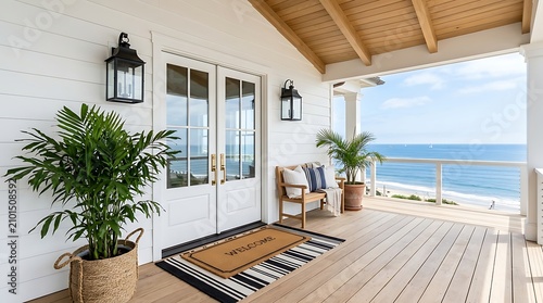 Coastal luxury beach house entrance with stunning ocean view