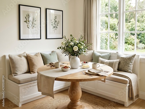 Cozy dining area with builtin banquette seating and table