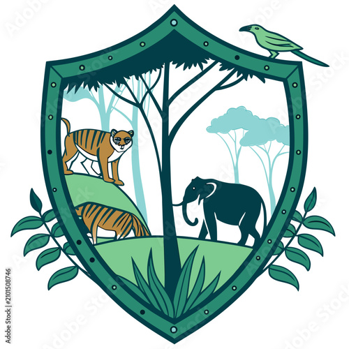 Obraz na plátně Illustration of a tiger elephant bird in a shield emblem with green leaves and a