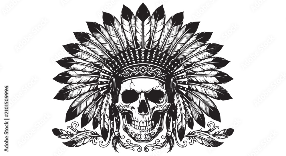 Fototapeta premium Human skull wearing traditional feathered headdress with skull art tribal art skull and feathers headdress
