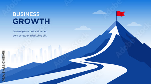 Schilderij op canvas Business, growth, mountain, success, strategy vector illustration with an upward arrow road leading to the summit and achievement flag