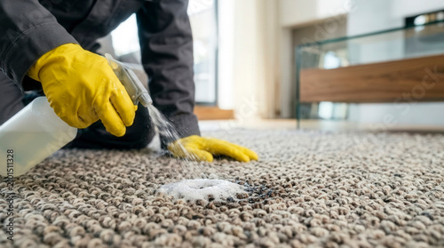 Hands in yellow gloves spraying foam cleaner on rug stain, professional cleaning service and household hygiene
