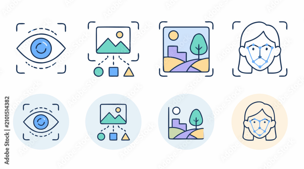 Fototapeta premium Modern rounded line vector icons for computer vision and visual AI, featuring eye scanning, image analysis, object classification, scene segmentation and editable pastel UI badge set