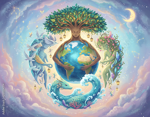 Earth day illustration showing nature embracing planet Earth