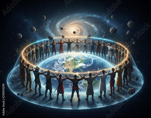 Humans unite around Earth for Earth Day, showing diversity and protecting the planet