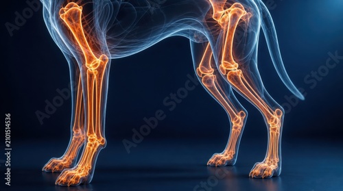 Transparent dog skeletal illustration highlighting leg bones in glowing orange against dark blue background.