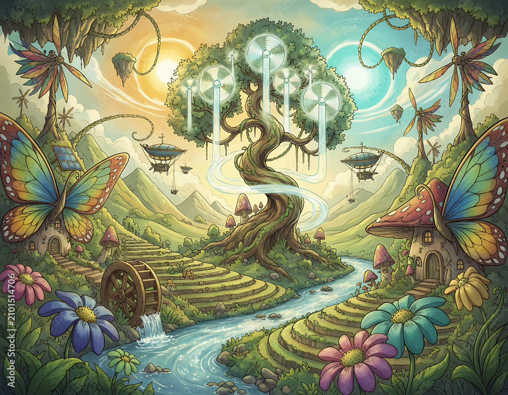 Fototapeta premium Fantasy landscape featuring sustainable energy in a whimsical setting