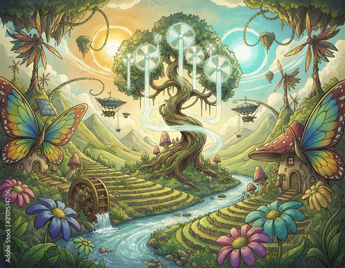 Fantasy landscape featuring sustainable energy in a whimsical setting