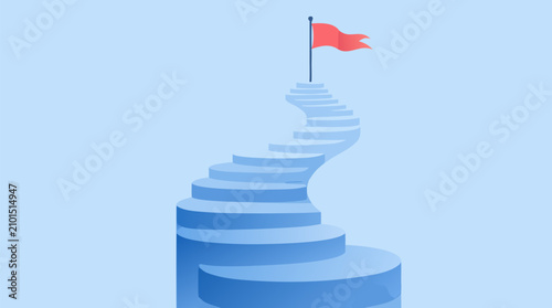 Upward step process vector illustration with winding blue staircase rising to a red goal flag, symbolic business journey for success, growth, achievement, milestones and leadership