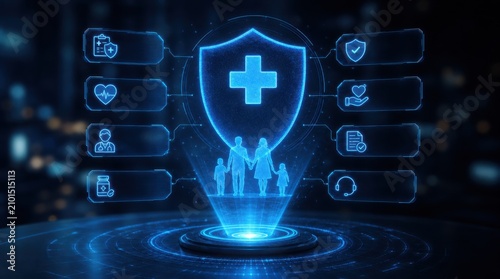 A digital hologram of a family protected by a shield with a medical cross, surrounded by health and insurance icons, representing healthcare security and medical protection.