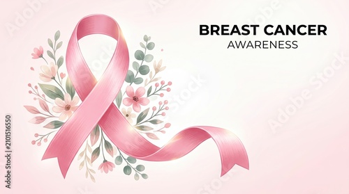 Breast cancer awareness ribbon with floral design. Pink ribbon symbol for cancer support and fundraising campaigns.