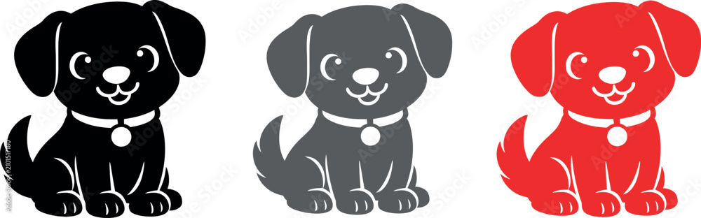 Obraz premium Cute Puppy Black Silhouette Kawaii Dog Mascot Icon with Happy Face Minimal Flat Vector Illustration