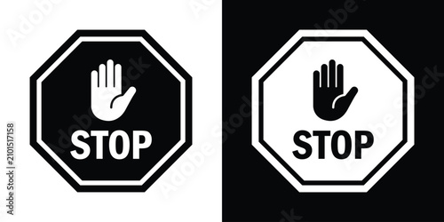 Schilderij op canvas Octagon stop sign icons in inverted black and white styles, featuring an open hand gesture and bold STOP text