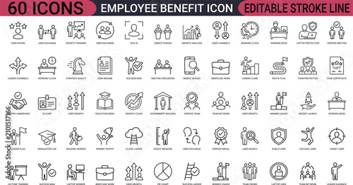 Bild auf Leinwand Employee benefit human resources line art icons set, corporate compensation, bon