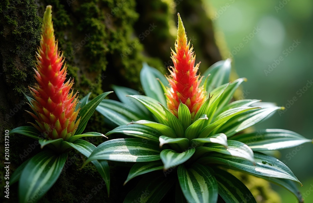 Obraz premium Amazonian zebra plant Aechmea chantinii grows in Saint Gallen botanic garden. Tropical bromeliad flower features bright red orange spiky bloom with variegated striped green leaves. Rare exotic flora