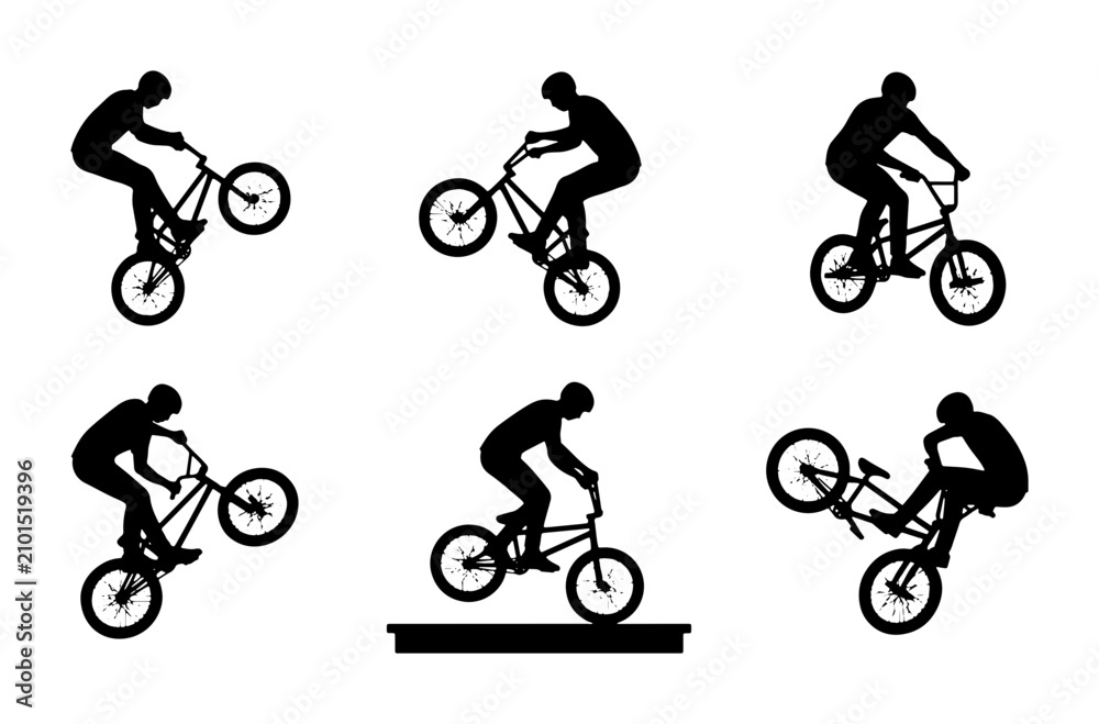 Obraz premium BMX Bike Stunts Silhouettes, Extreme Sports Action Vector Set, Dynamic Cycling Performance Graphics