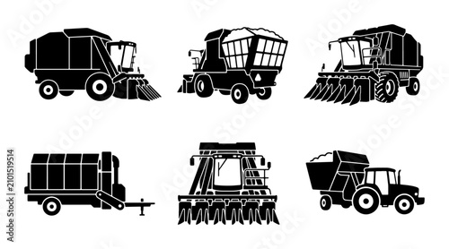 Canvastavla Agricultural Machinery Icons: Harvesting, Tilling, and Transport Vehicles Set
