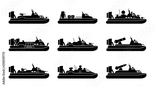 Photos Military Hovercraft Vector Icons Set, Amphibious Assault Craft Silhouettes, Nava