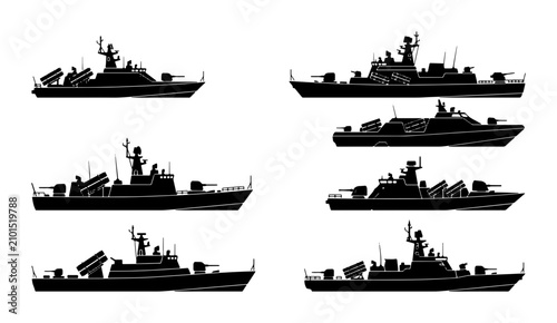 Schilderij op canvas Naval Warships Set, Military Boats Collection, Missile Cruisers Vector Icons, Se