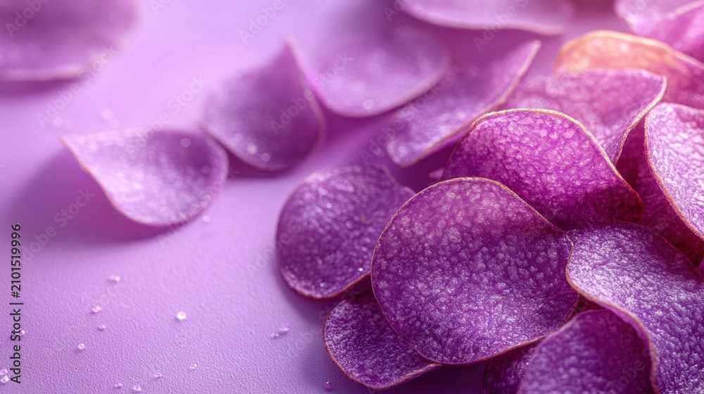 Fototapeta premium Sweet Potato chips placed on a white background,Flying fried Ube sweet potato wedges,PopularTrendy Purple Coffee Shop,plant based recipes,superfood,menu and banner,Healthy and wellness concept.