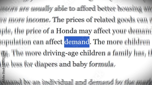 Economic Textbook Page Focusing On The Concept Of Market Consumer Demand And Financial Analysis with match cut and blur effect.