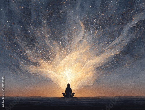 Meditating Silhouette Beneath Cosmic Light Watercolor Spiritual Awakening Abstract Artwork Scene