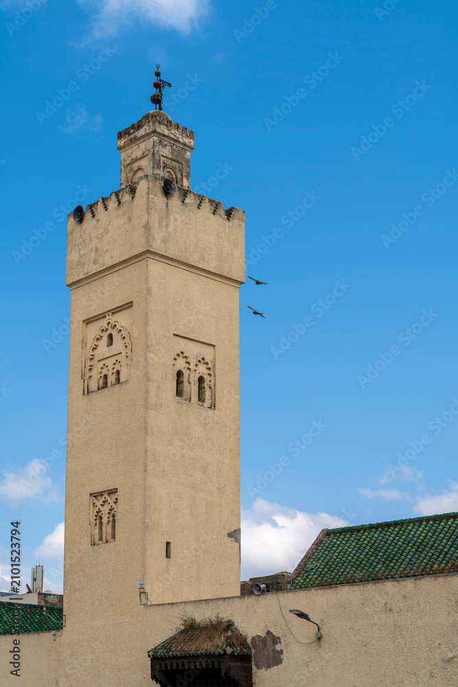 Obraz premium Minaret with Green Tile and Brick Detail at the Mosque Abi al Jonoud, Fes, Morocco