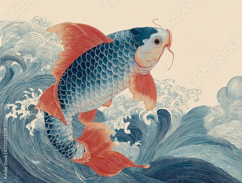 Traditional Koi Fish Riding Ocean Waves Japanese Woodblock Style Illustration Artwork