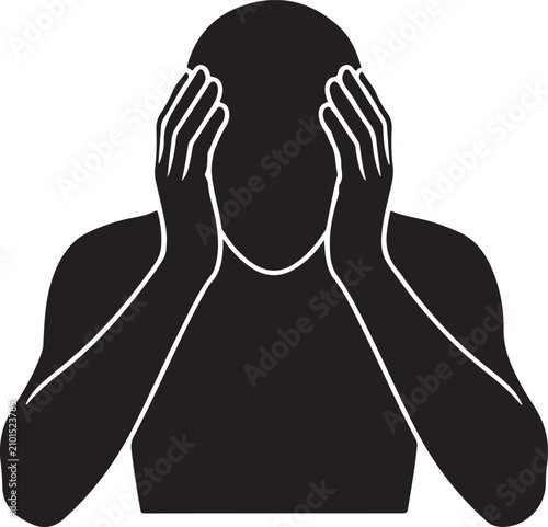 Minimalist black and white vector graphic illustration showing a stressed person holding their aching head