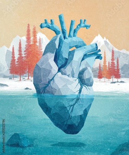 Frozen Anatomical Heart Floating Above Icy Lake Surreal Climate Change Concept Artwork