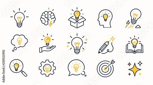 Editable stroke vector icon set of glowing lightbulb ideas, brainstorming sparks, creative thinking, innovation strategy, knowledge discovery, startup inspiration and brilliant concept design