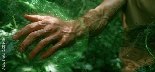 Glowing shield around an arm repels insects in a green forest, showcasing effective outdoor pest protection.