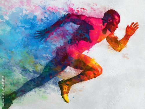 Colorful Abstract Watercolor Sprinter Exploding with Dynamic Motion and Energy