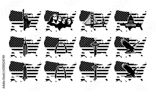 Cuadro en lienzo USA Landmarks Vector Icons, American Travel Symbols, United States Icons, Nation