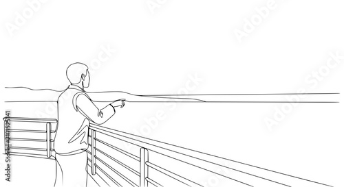 Man in Suit Gazing at Horizon from Ship Deck