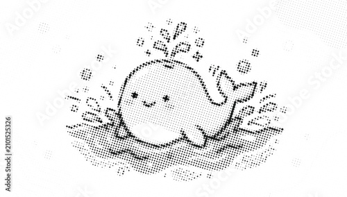 Tableau sur toile Cute hand drawn whale illustration, happy baby whale splashing in ocean waves, m