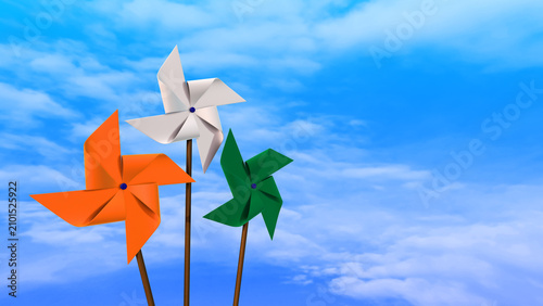 Indian tricolor pinwheels against the sky, with copyspace