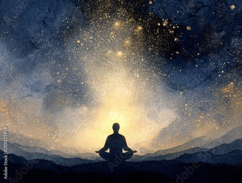 Meditation Silhouette Beneath Cosmic Light Watercolor Spiritual Abstract Background