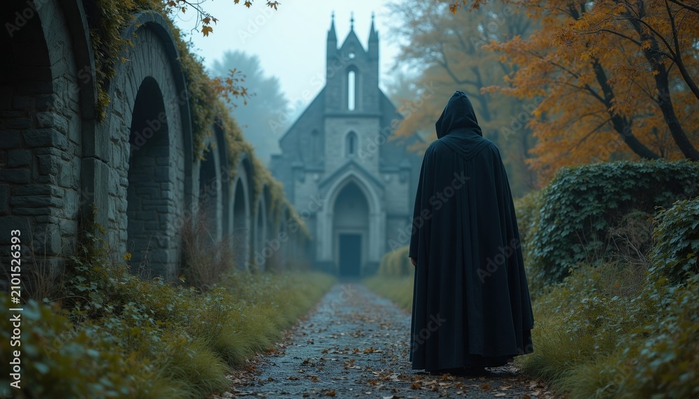 Obraz premium Back view of mysterious figure wearing dark hooded cloak standing on path near stone arches. Person walks towards old gothic church building in foggy autumn forest. Fantasy sorcerer wizard character