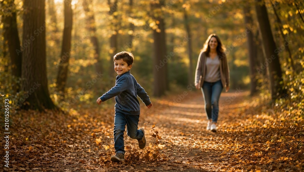 Fototapeta premium Young Boy Running Through Autumn Forest with Mother, Joyful Family Connection and Childhood Happiness Concept