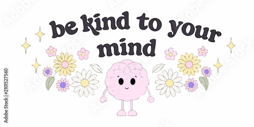 Foto Anthropomorphic brain illustration with flowers and supportive text on white bac