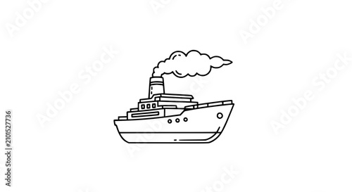 Outline illustration of a classic steamship with smoke billowing from its funnel on a white background.