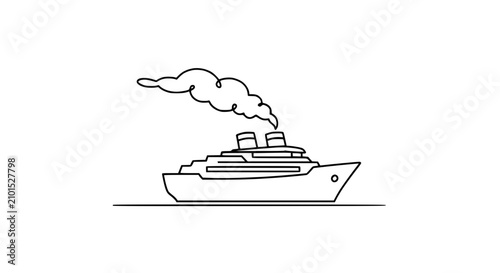 Minimalist cruise ship illustration with smoke from chimneys, line art on white background.
