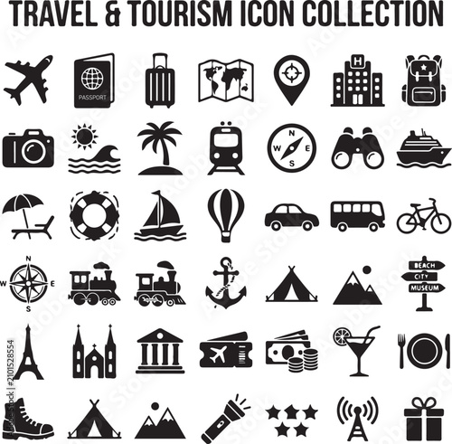 Comprehensive travel, tourism, and vacation solid black glyph icon set