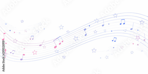 Fotografía Musical notes and stars flow across a white background in a vector illustration