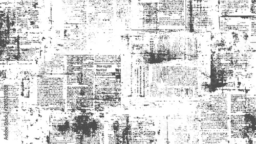 Collage of old newspaper pages with torn edges and ink stains on white background