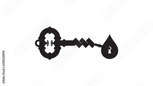 Black and White Vector Line Art Illustration of a Key and Globe Symbol with Silhouette Design, Isolated on White Background