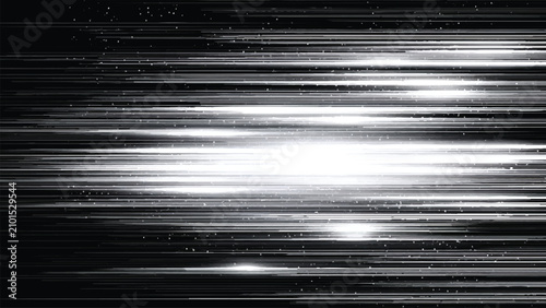 Glowing white light streaks across a dark background with horizontal lines and specks